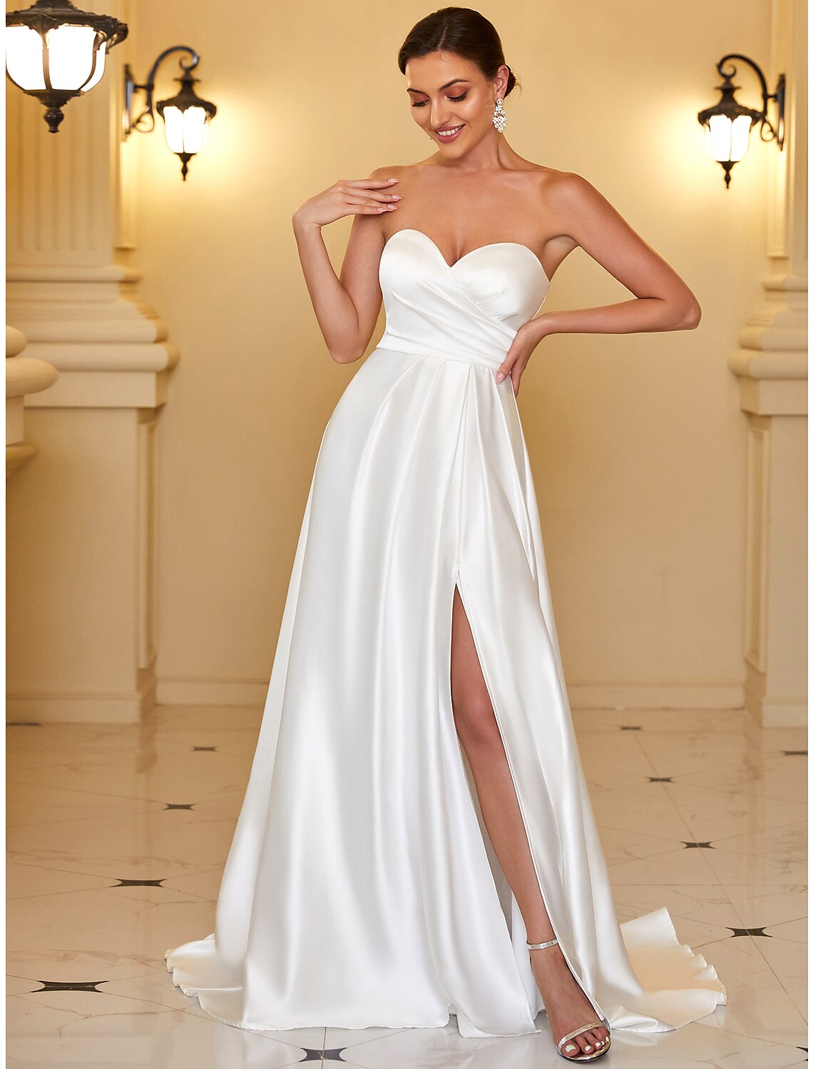 Elegant A-line strapless satin evening gown.