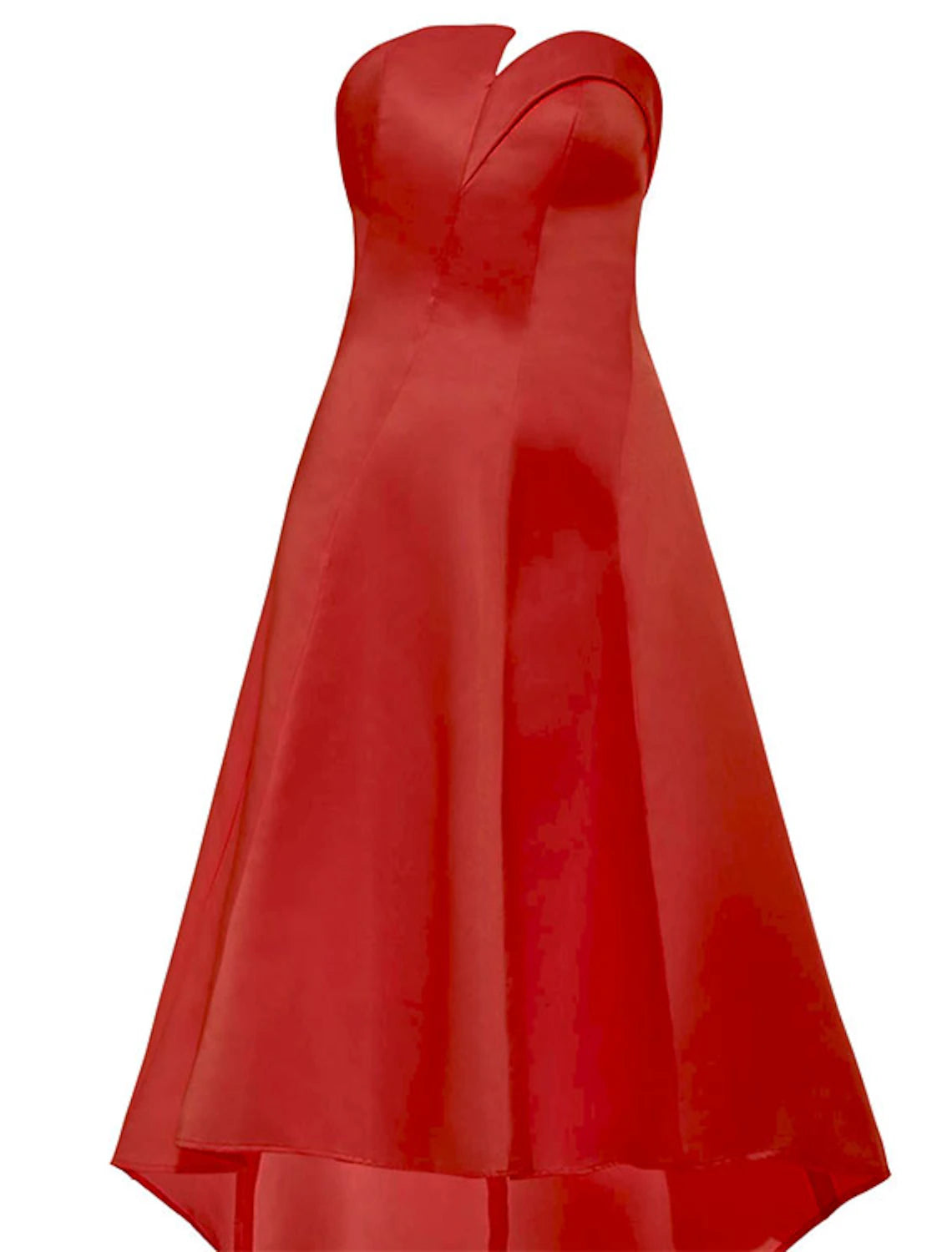 Side profile of a model wearing a sleek strapless A-line dress.