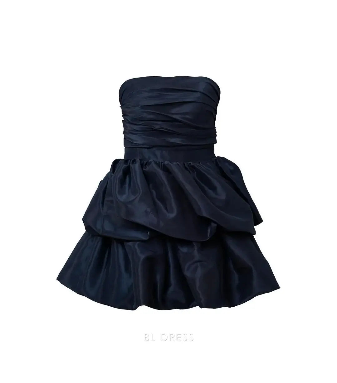 Model wearing a navy blue A-line strapless short formal dress.