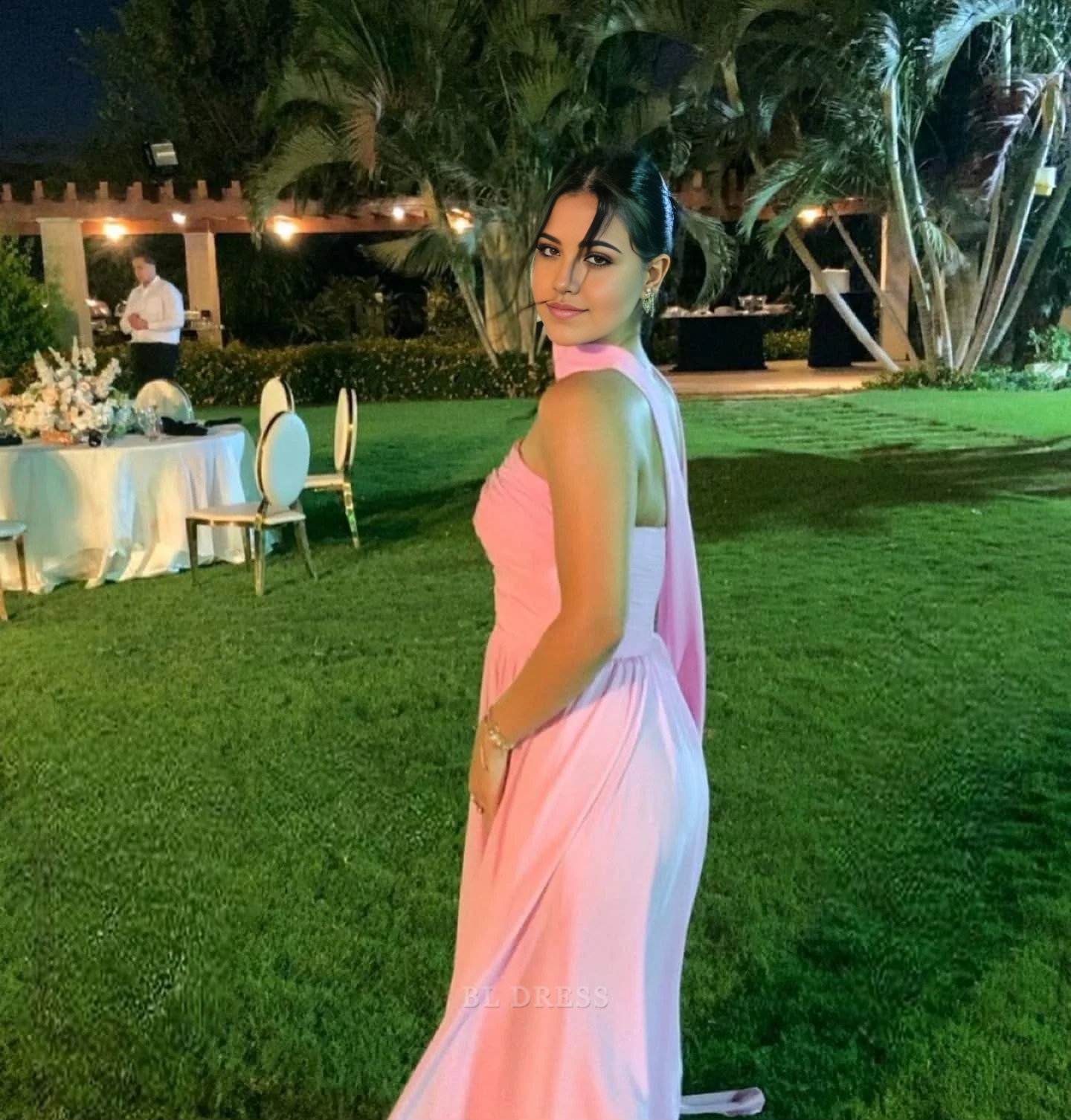 Back view of a model in a flowing pink chiffon A-line strapless dress.