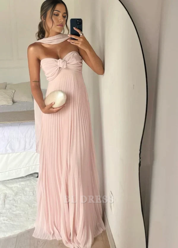 Back view of a pink A-line strapless pleated long formal gown.