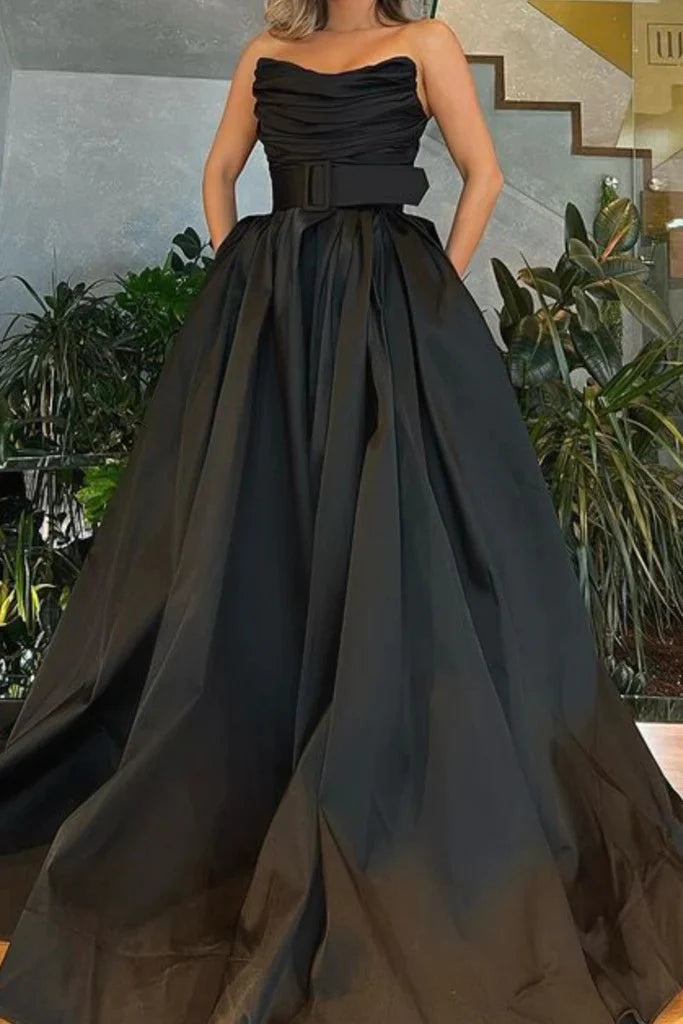 Elegant A-line strapless pleated satin long prom dress.