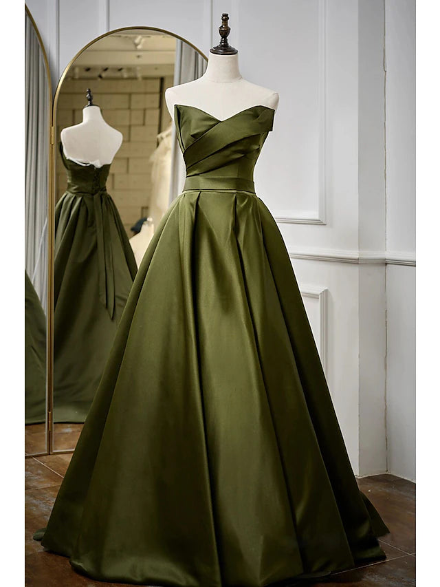 Elegant A-line strapless black satin evening gown with pleats.