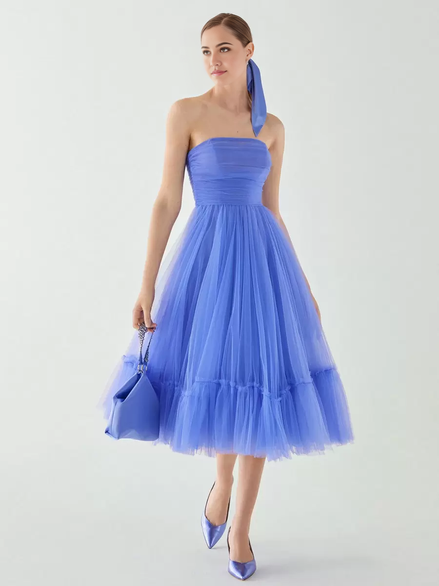 Elegant A-line strapless tea-length dress with pleated tulle.