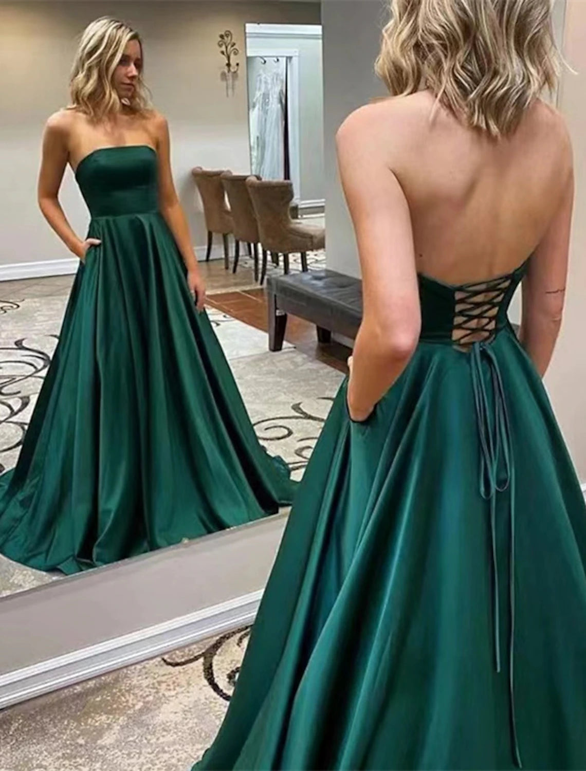 Model wearing an elegant A-line strapless prom dress with a floor-length skirt and high slit, showcasing a backless design.