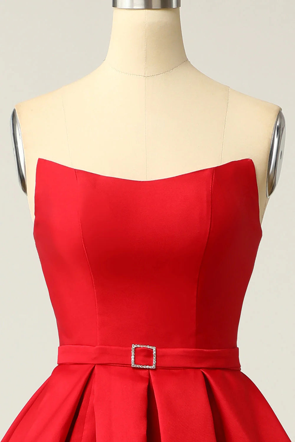 Close-up of the bodice and strapless neckline of the formal A-line dress.
