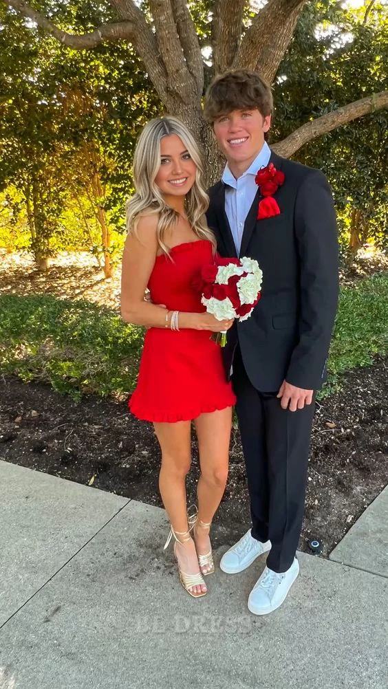 Red strapless A-line short dress for homecoming or prom.