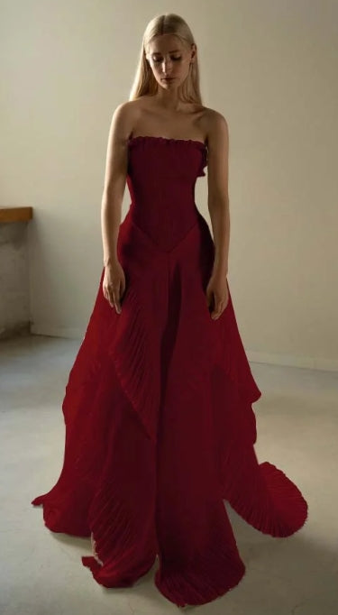 Another angle of the elegant strapless A-line prom dress.