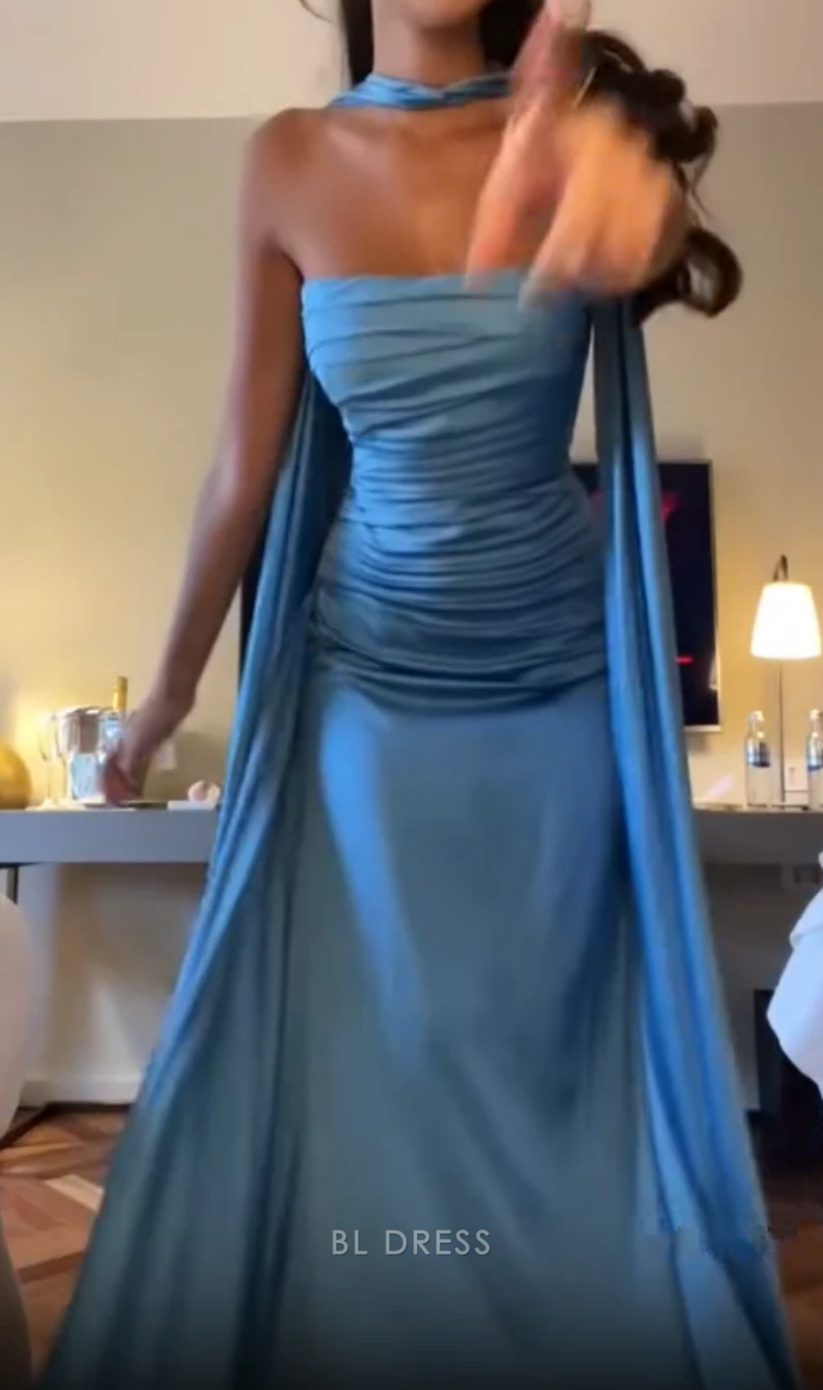 Back view of a long blue A-line strapless satin evening dress.