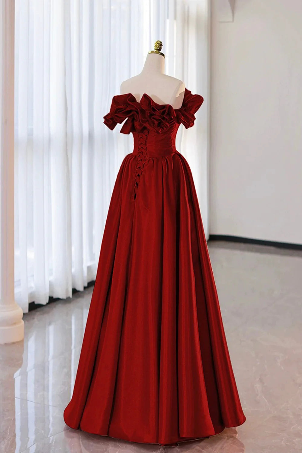 Back view of the A-line strapless satin long dress.