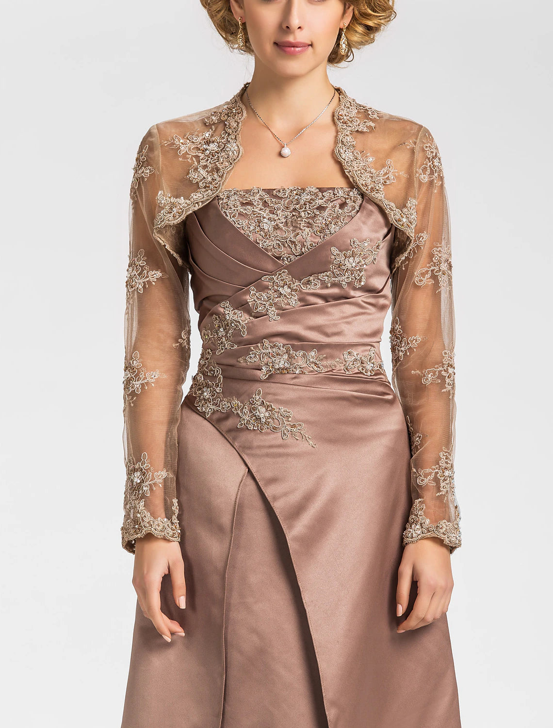 Side profile of floor-length A-Line Mother of the Bride dress.
