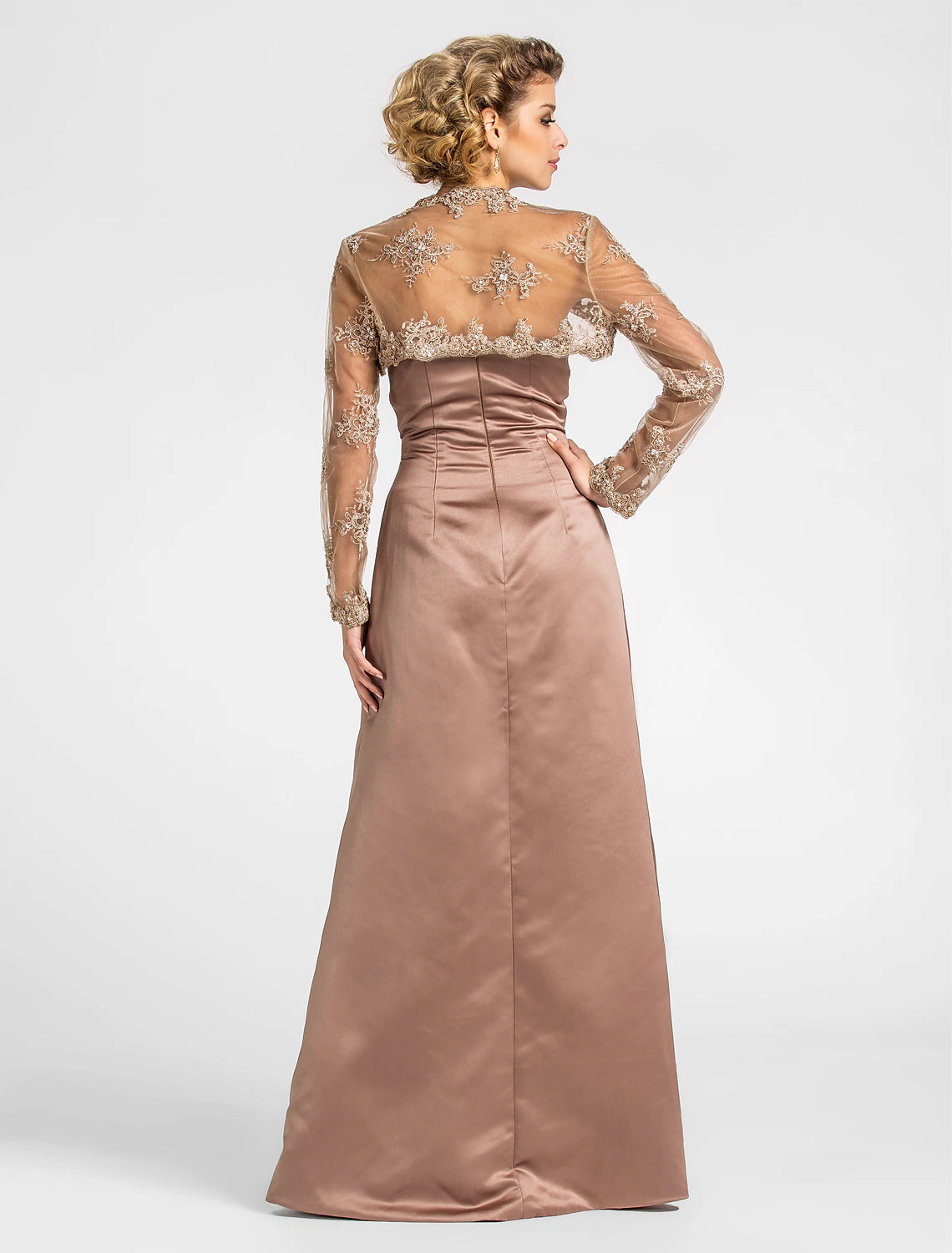 Elegant floor-length gown for Mother of the Bride, detailed view.