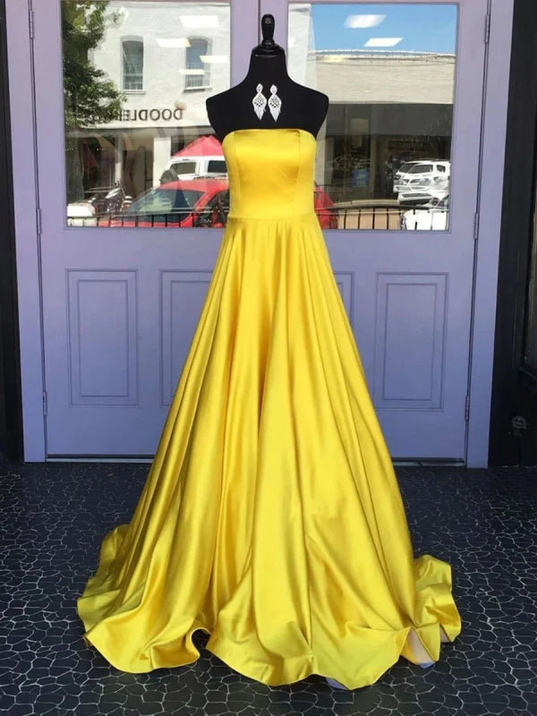 Elegant navy blue A-line strapless satin long prom dress.