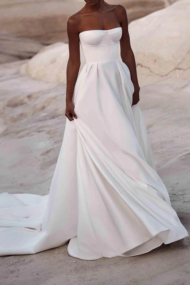 Back view showcasing the elegant court train of the A-Line wedding dress.