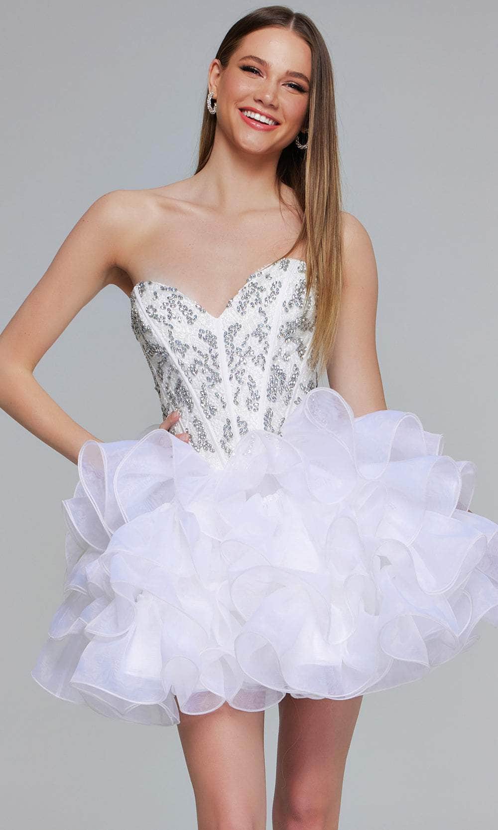 White strapless mini homecoming dress with beaded corset and ruffled organza skirt.