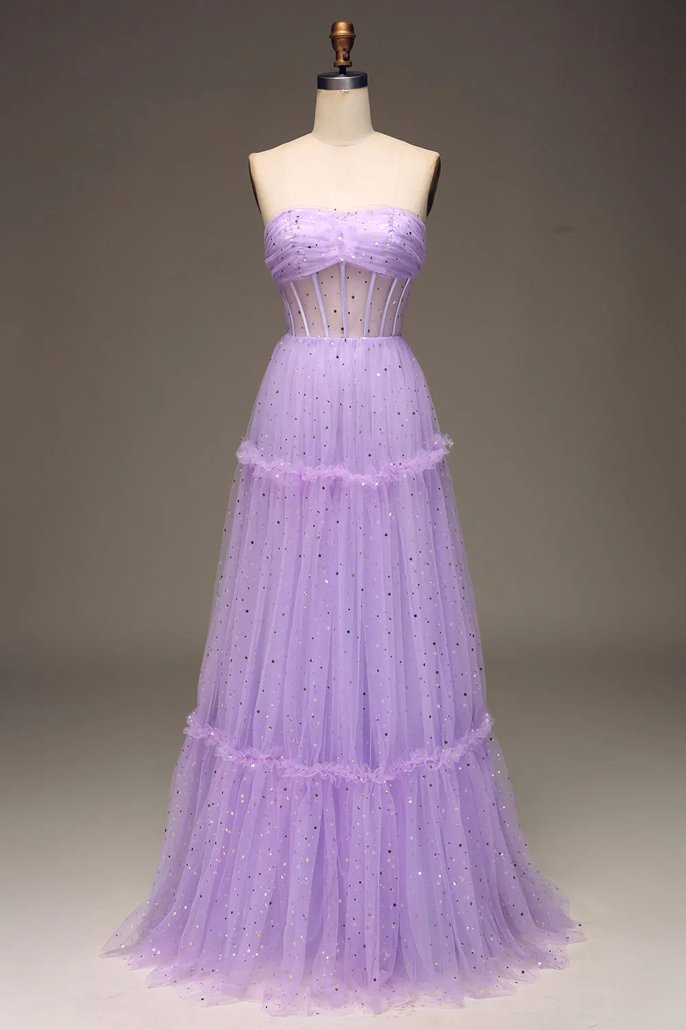 Elegant purple strapless sweetheart corset tulle prom dress, front view.