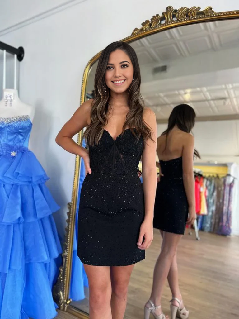 Front view of an elegant A-line strapless sweetheart lace short prom dress.