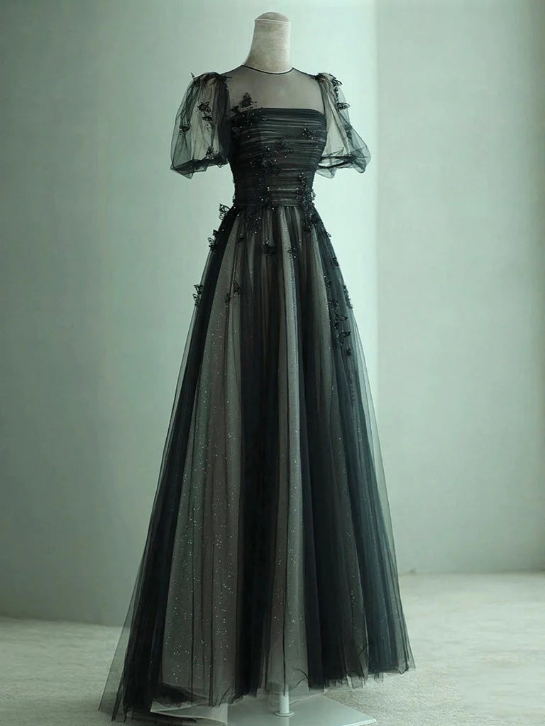 Elegant A-line tulle prom dress with butterfly details in light blue.