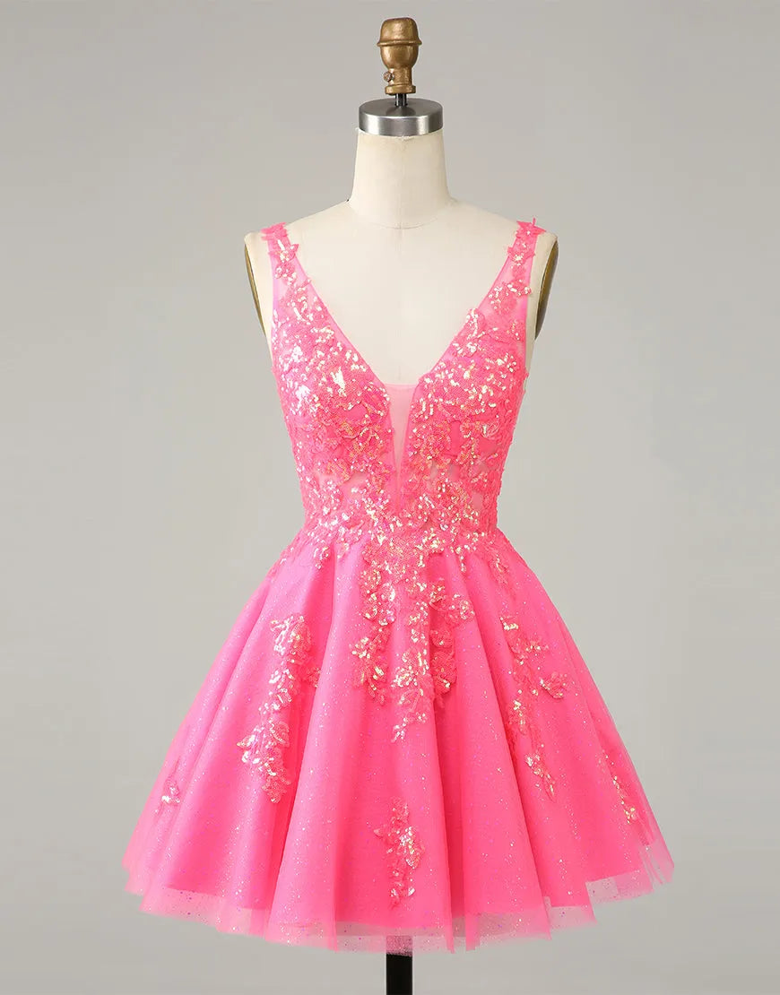 Elegant A-line mini tulle homecoming dress with appliques, front view.