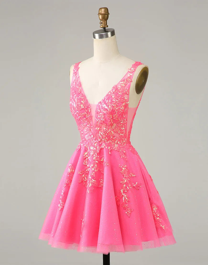 Side view of the A-line mini homecoming dress.