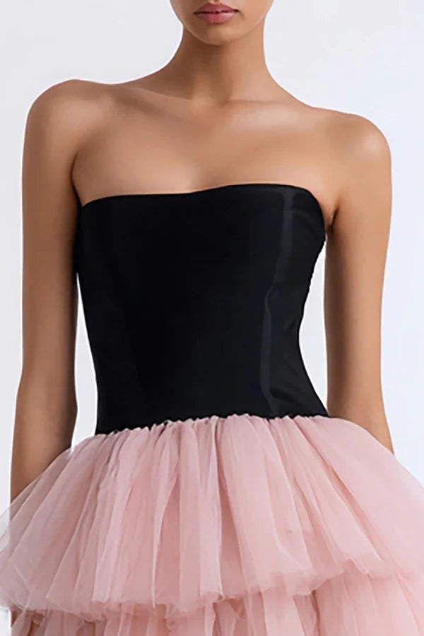 Stylish black and pink A-line strapless dress with tulle skirt.