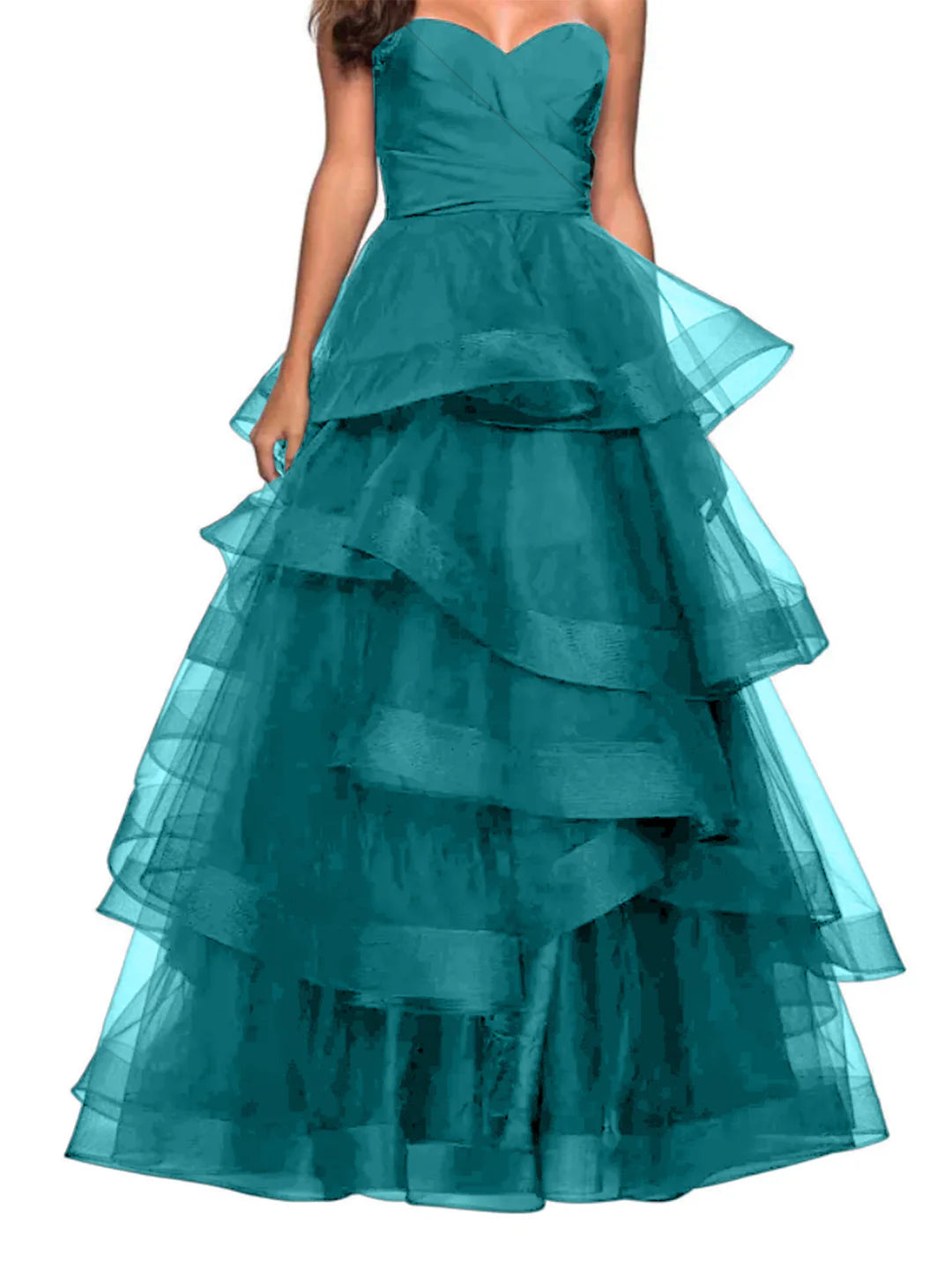 Close-up of the bodice and skirt detail of a blue A-line ball gown.