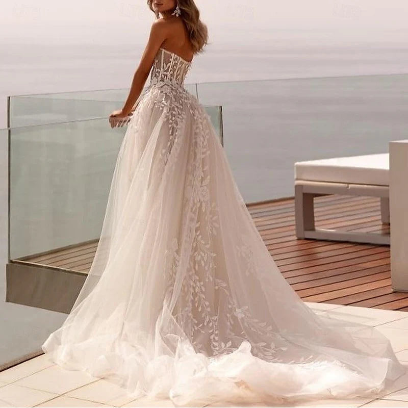 Close-up of the A-Line wedding dress showing sweetheart neckline detail.