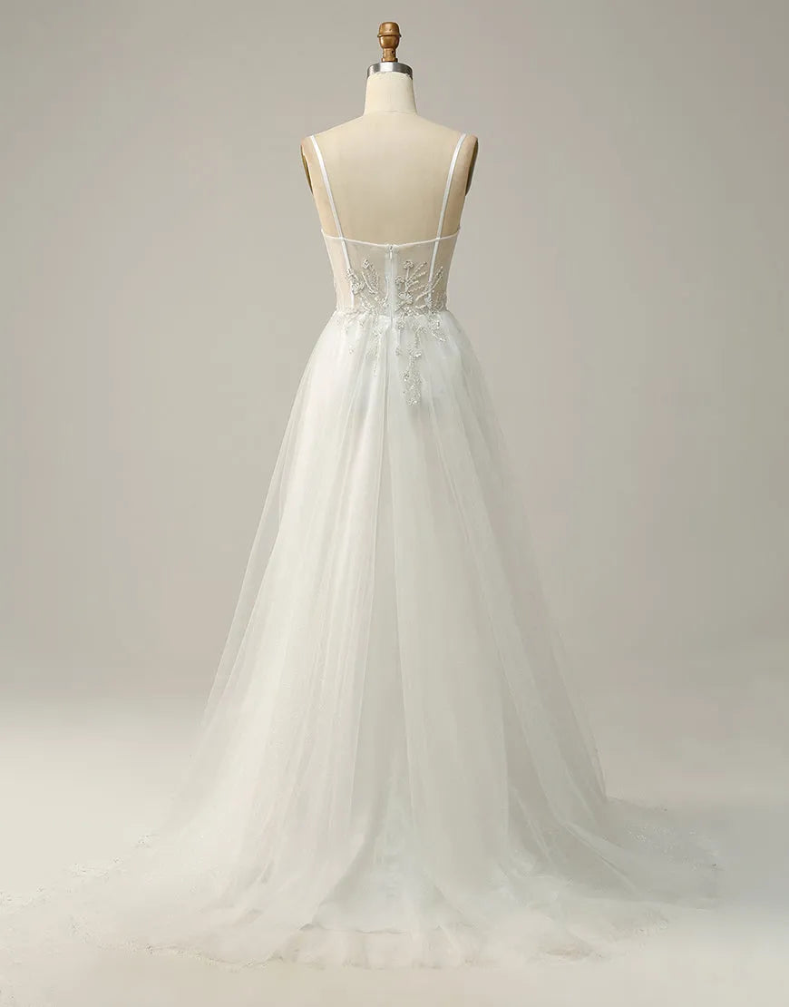 Close-up of the intricate beading detail on the A-line prom dress.