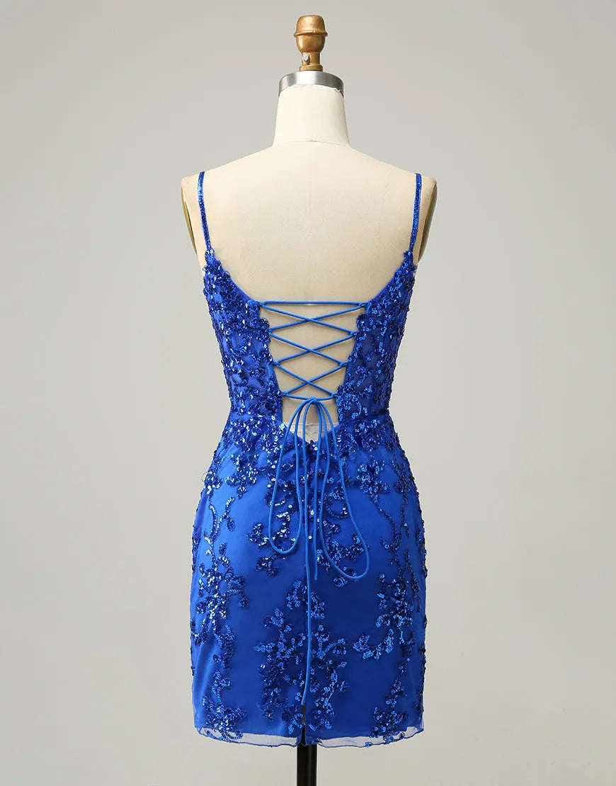 Side view of the royal blue short homecoming dress, showcasing the A-line silhouette.