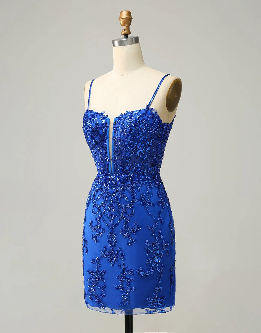 Back view of the royal blue short homecoming dress, highlighting the intricate sequin details.