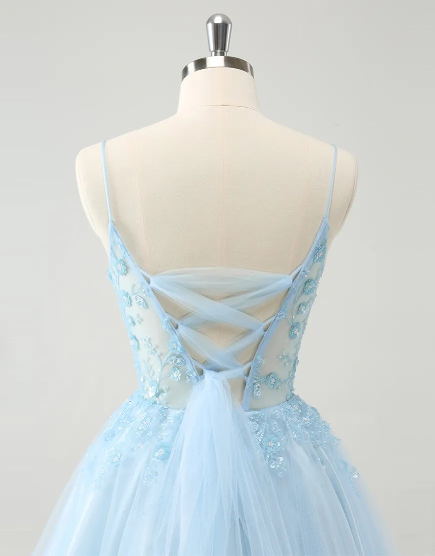 Back view of the blue homecoming dress, featuring corset lacing.