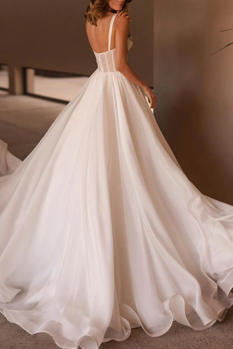 Back view of the A-line sweetheart beaded wedding gown.