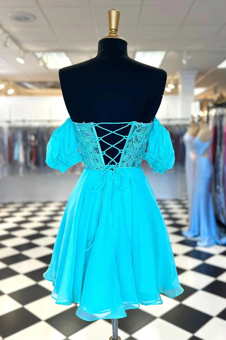 Full length view of the A-line sweetheart chiffon formal dress.