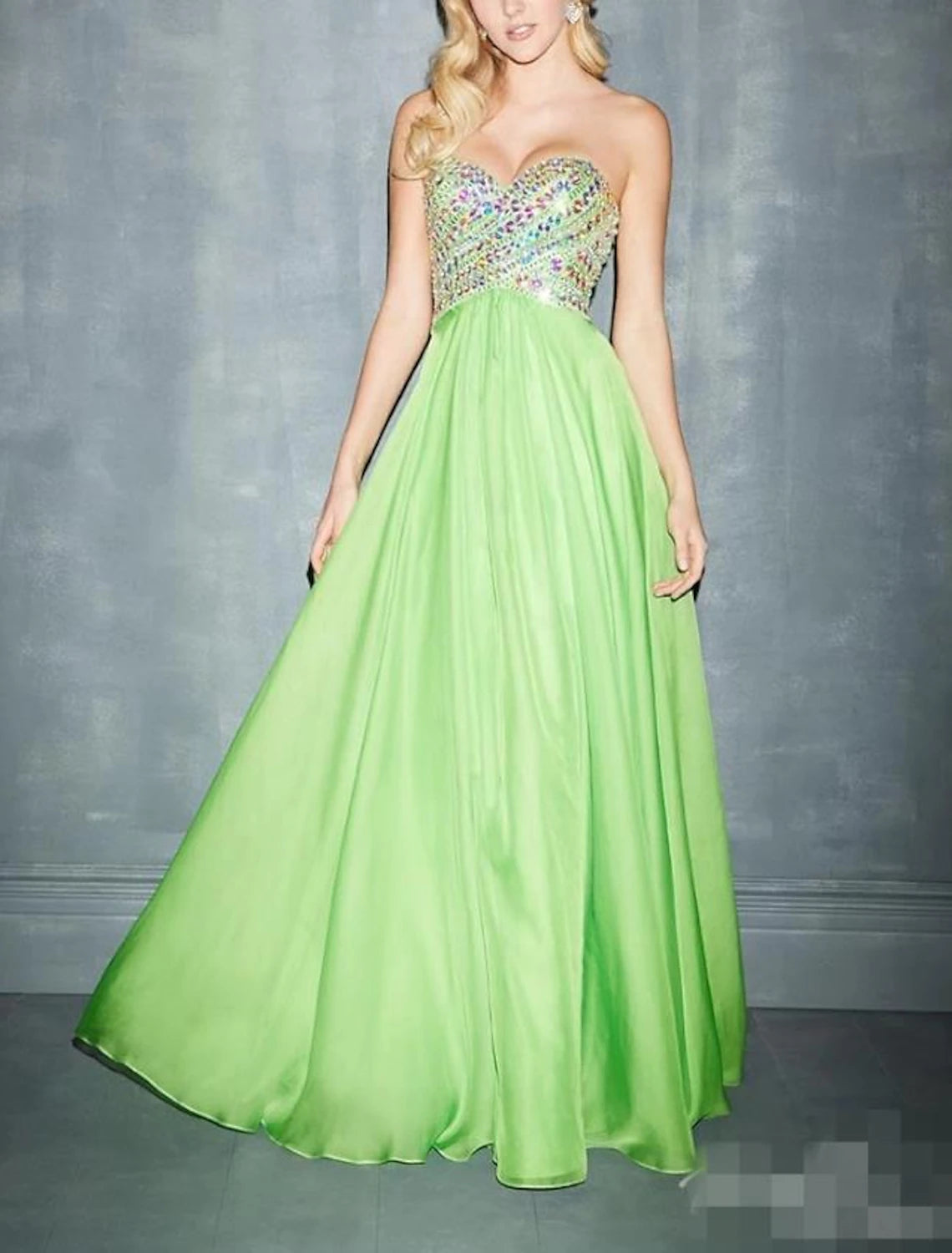 Close-up of rhinestone beading on the sweetheart neckline.