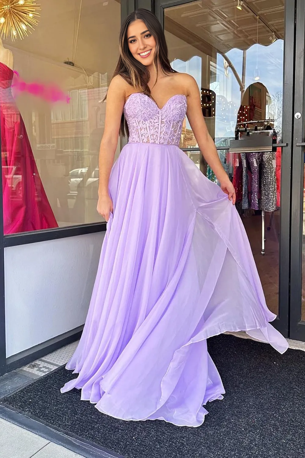 Side view of A-line sweetheart corset prom dress.