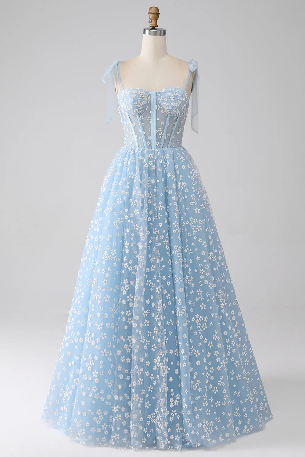 Elegant A-line prom dress in sky blue with spaghetti straps and corset bodice.