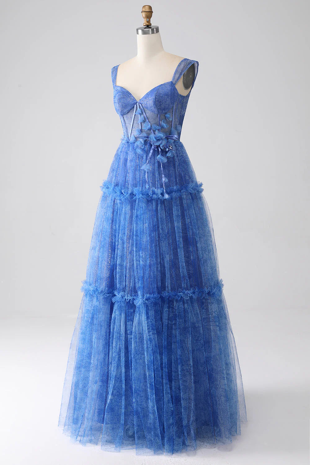 Back view of the blue A-line tulle corset prom dress with lace-up detail.