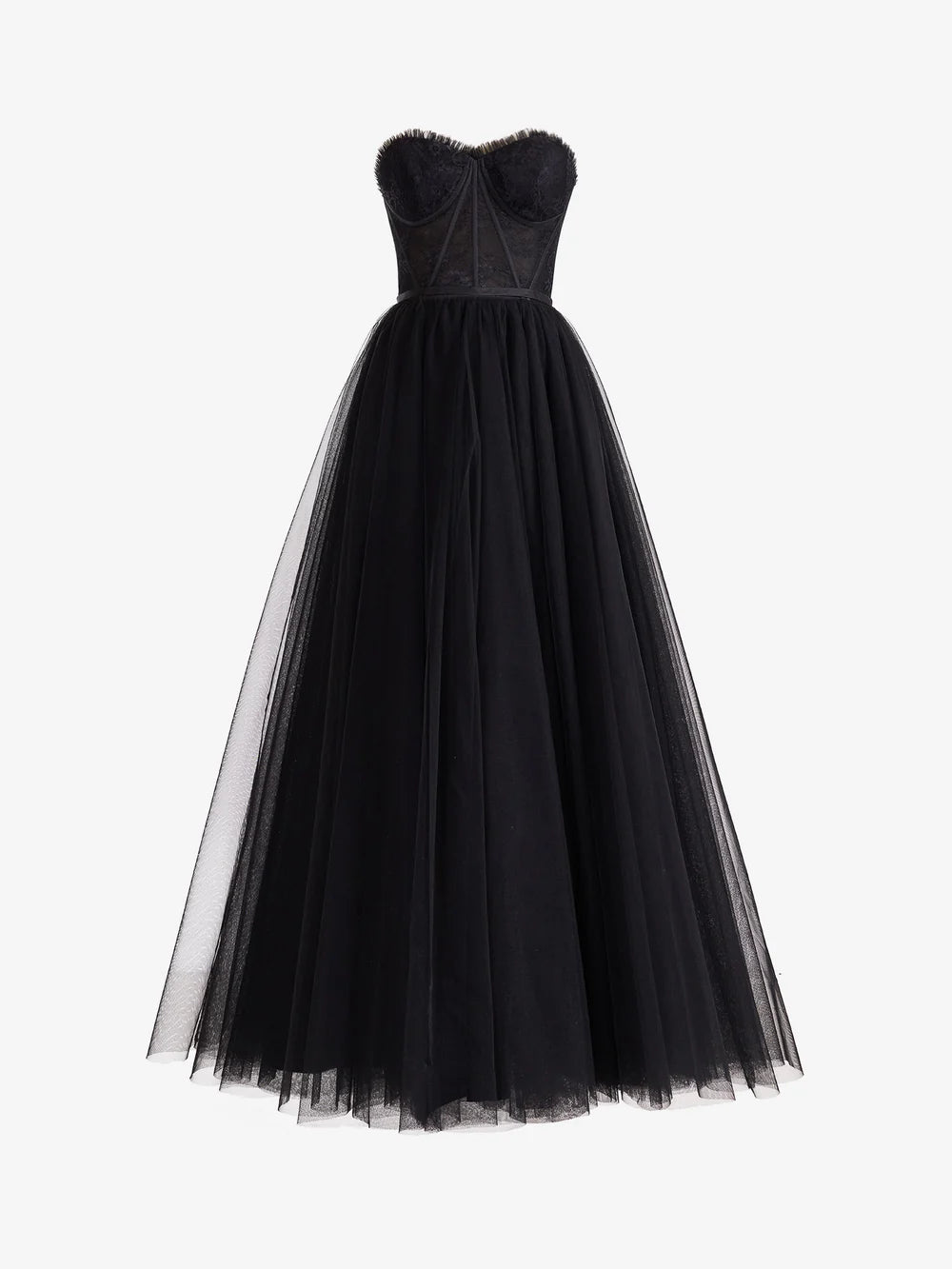 Model wearing an elegant A-line sweetheart corset tulle prom dress with a high leg slit.