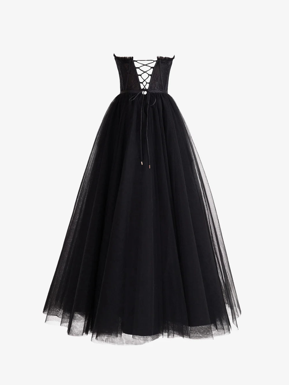 Close-up of the A-line sweetheart corset tulle prom dress showing the slit and flowing skirt.