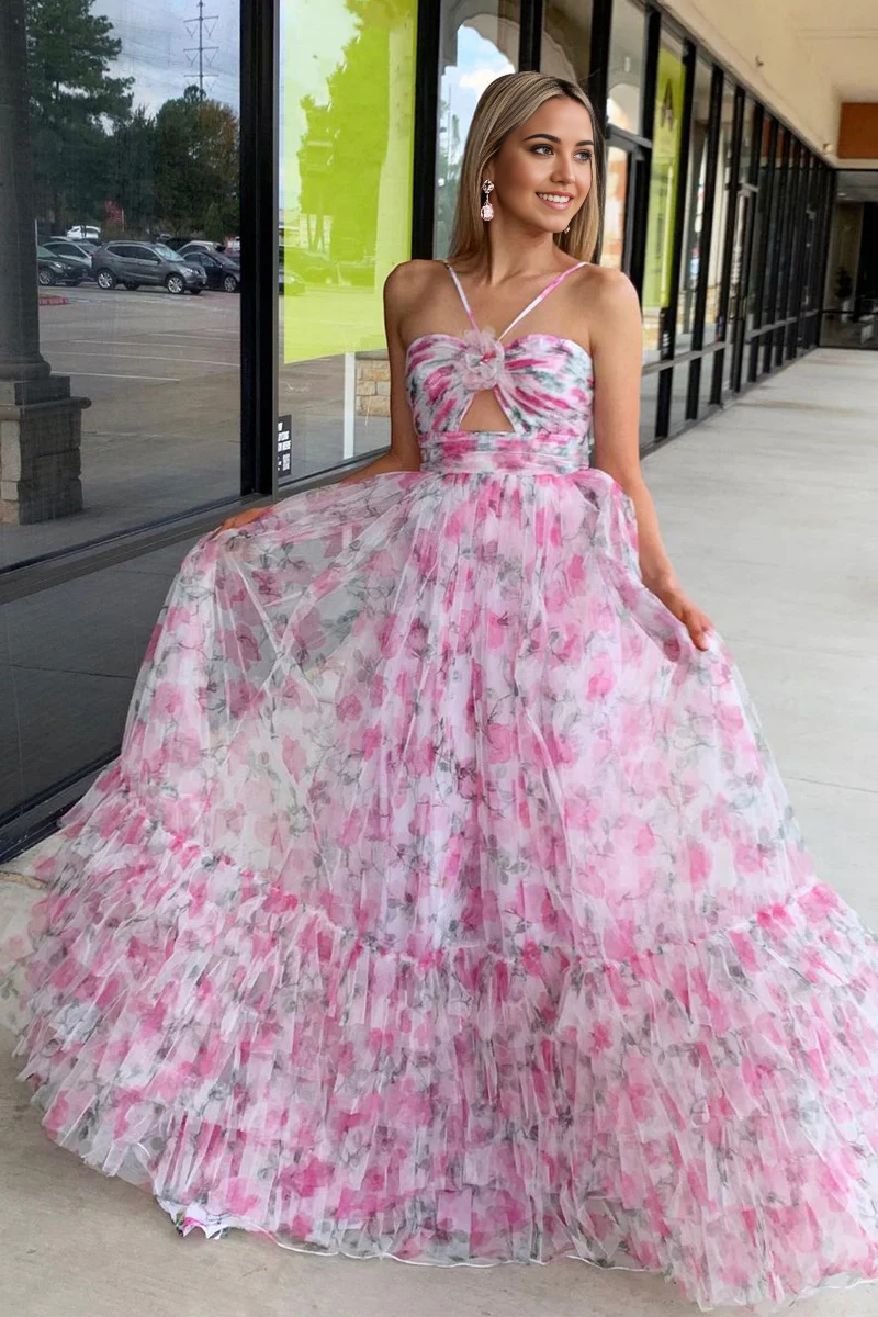 Elegant A-line sweetheart floral print tulle long prom dress.