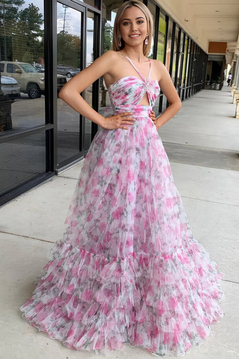 Back view of the long floral print tulle prom dress.