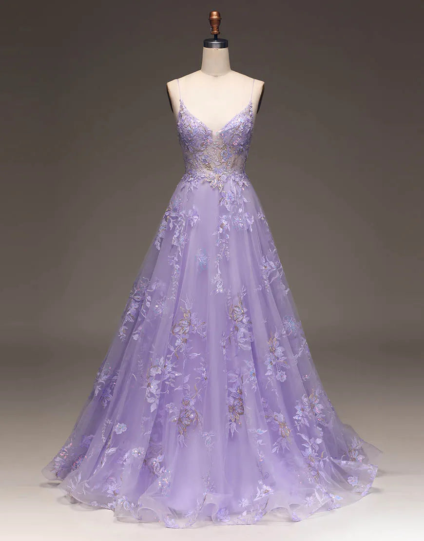 Elegant purple A-line glitter prom dress with intricate appliques.