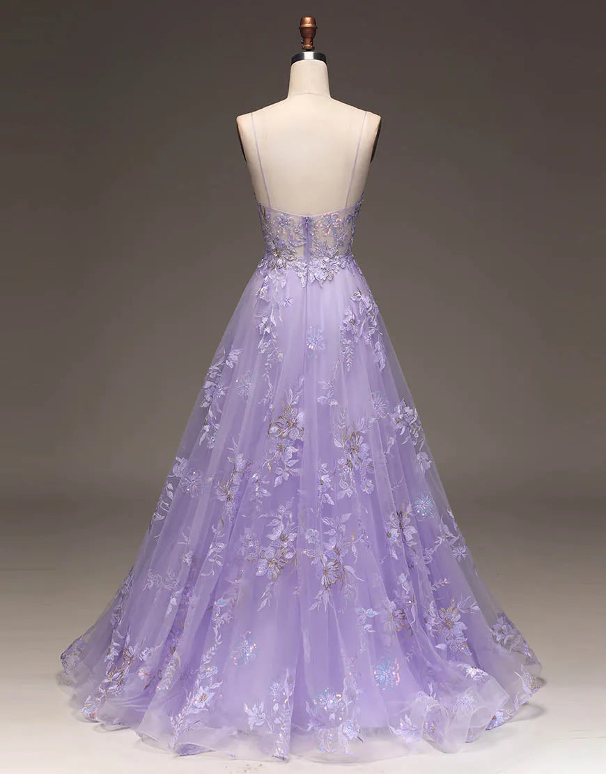 Side view of a shimmering purple A-line formal gown.