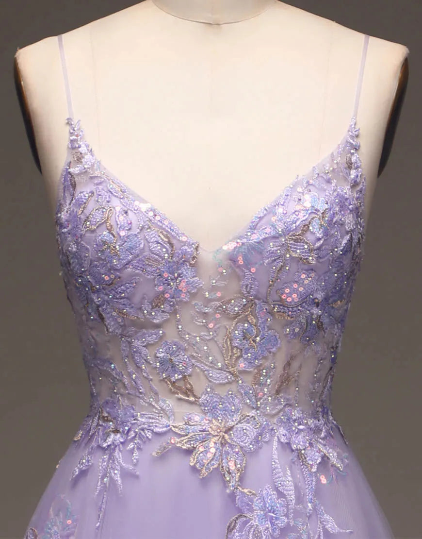 Back view of the purple A-line prom dress, showcasing its flowing silhouette.