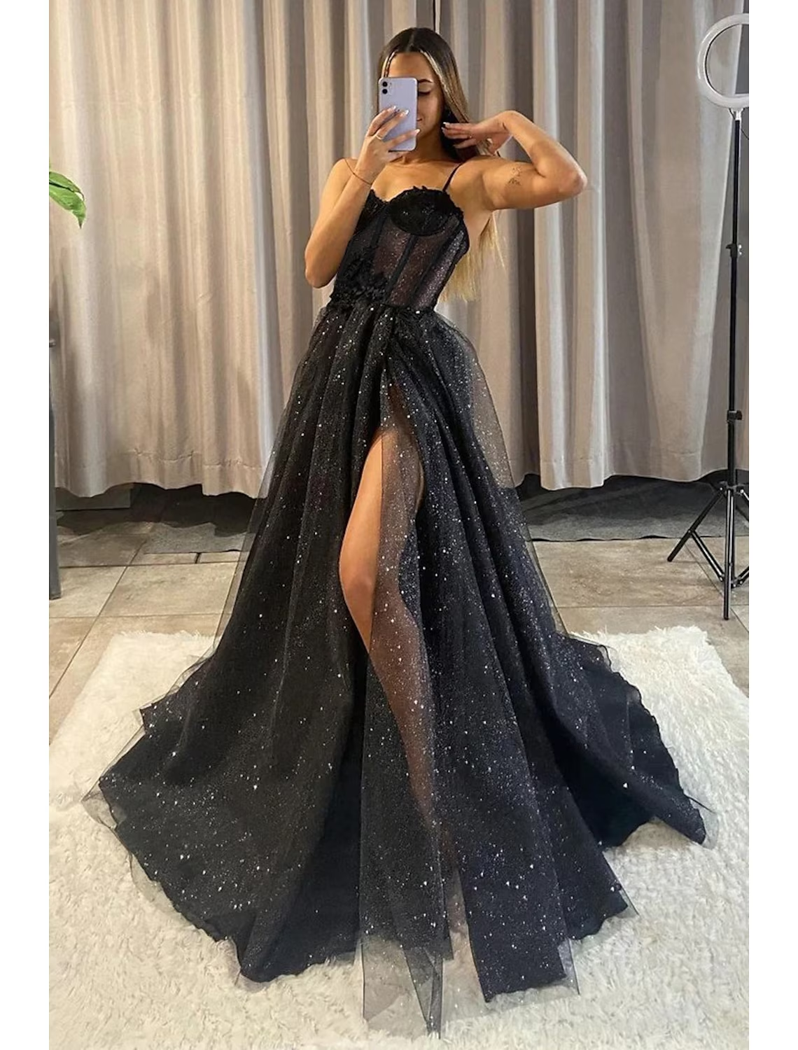 Elegant A-line glitter tulle prom dress with sweetheart neckline and spaghetti straps, featuring a high slit.