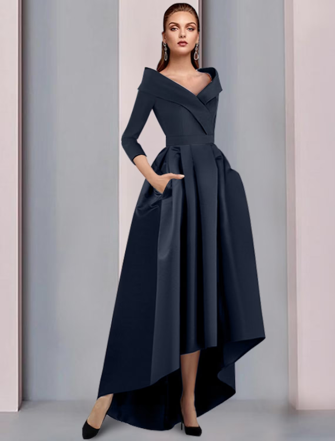 Elegant A-line Mother of the Bride dress in satin with high-low tea length and spaghetti straps.