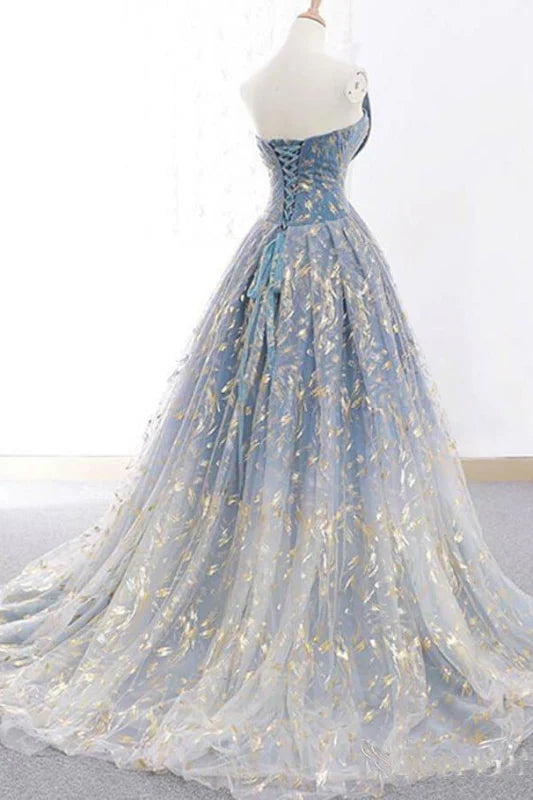 Back view of a sleeveless A-line formal gown.