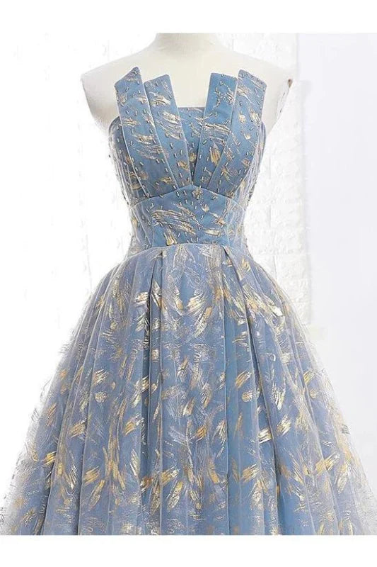 Side view of a princess-style lace prom dress.
