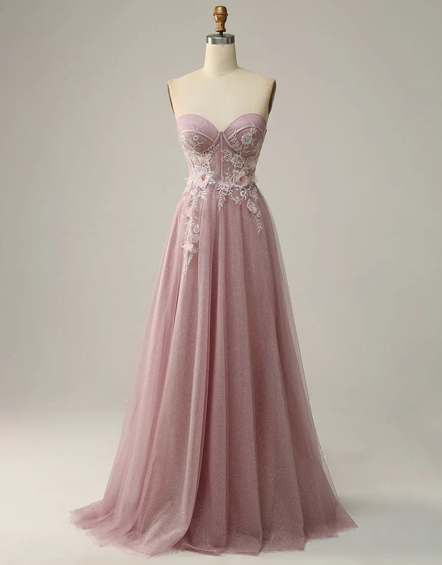 Elegant A-Line prom dress with sweetheart neckline and long appliques.