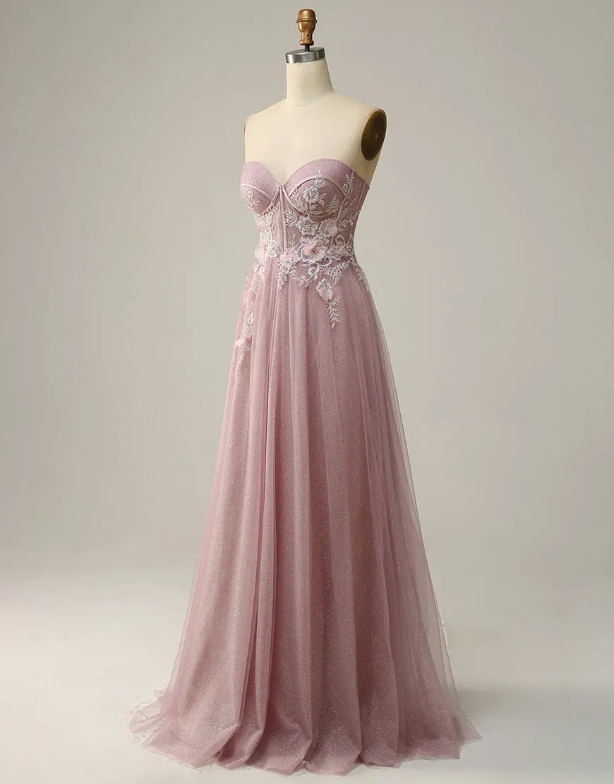 Close-up of long appliques on the A-Line prom dress.